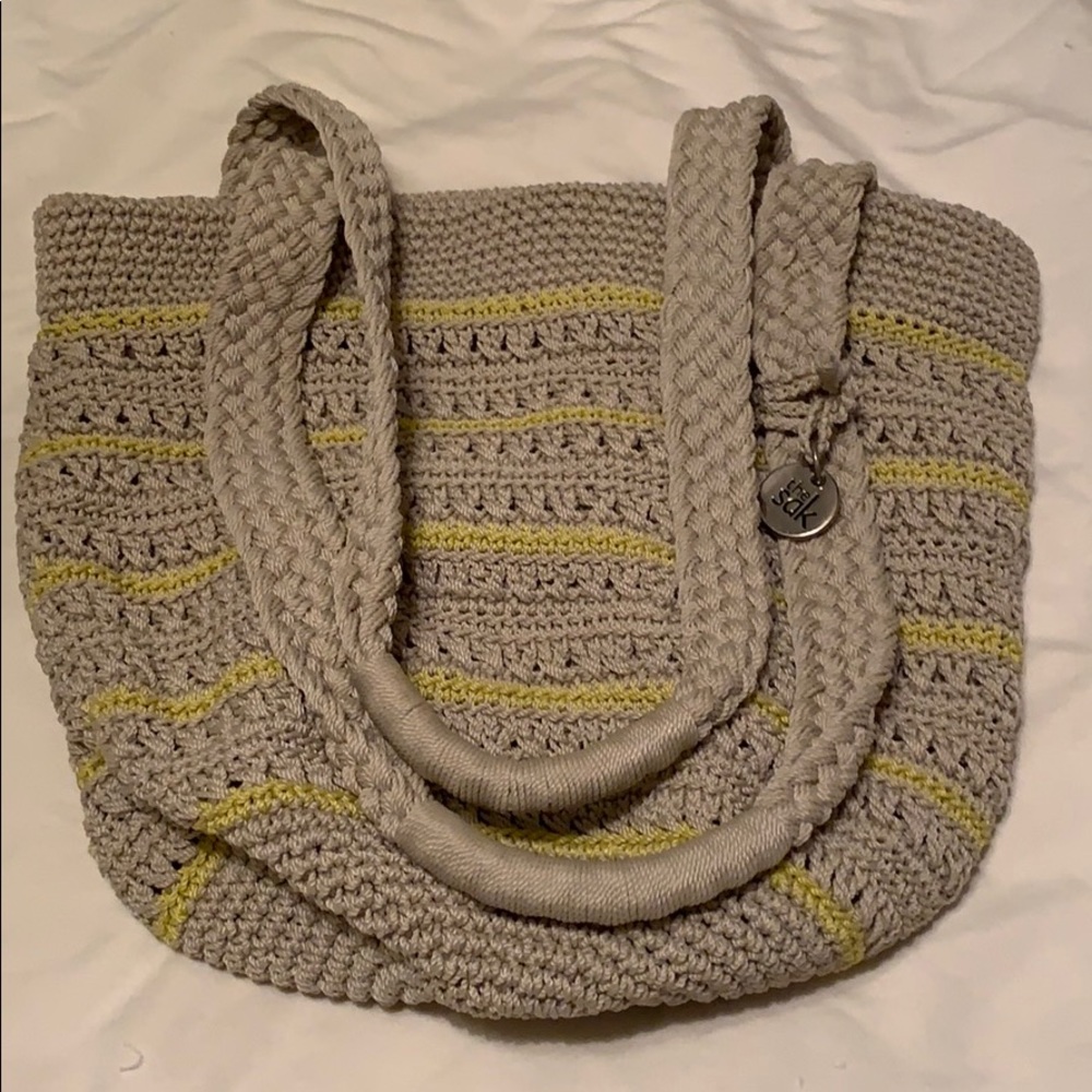 Tan and yellow crocheted bag